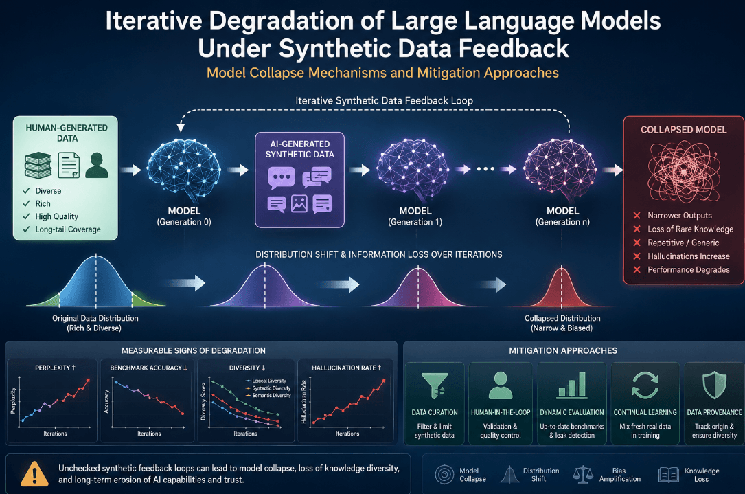 Iterative Degradation of Large Language Models Under Synthetic Data Feedback: A Systematic Review of Model Collapse Mechanisms and Mitigation Approaches